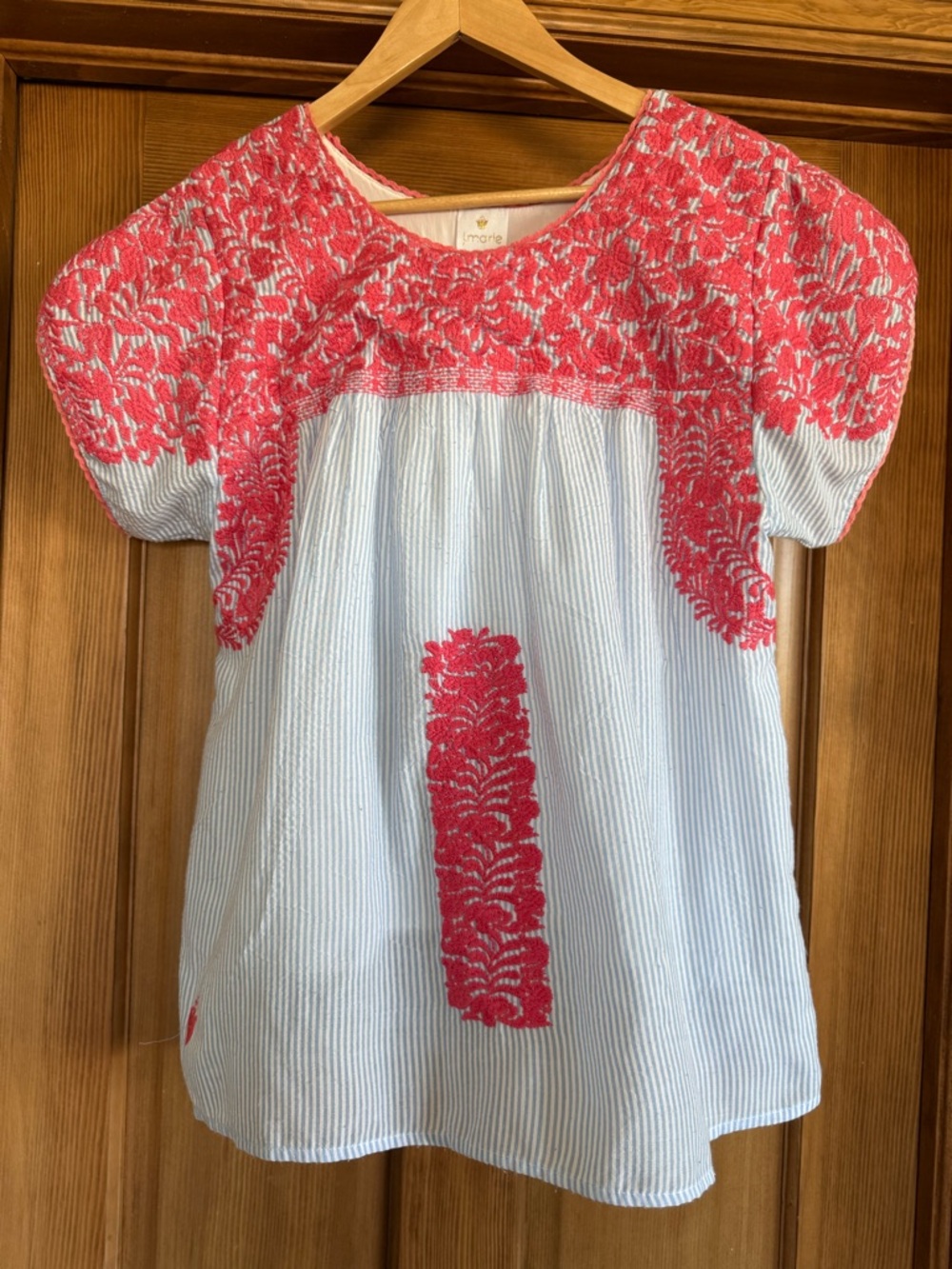 Embroidered Peasant Blouse in Light Blue and Coral by Mignonne - Picture 2 of 3